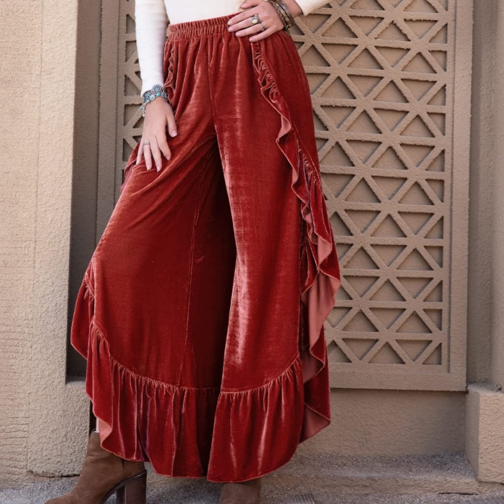 Rusttydustty Elegant Velvet Ruffle Pants in Rust Color Size Small